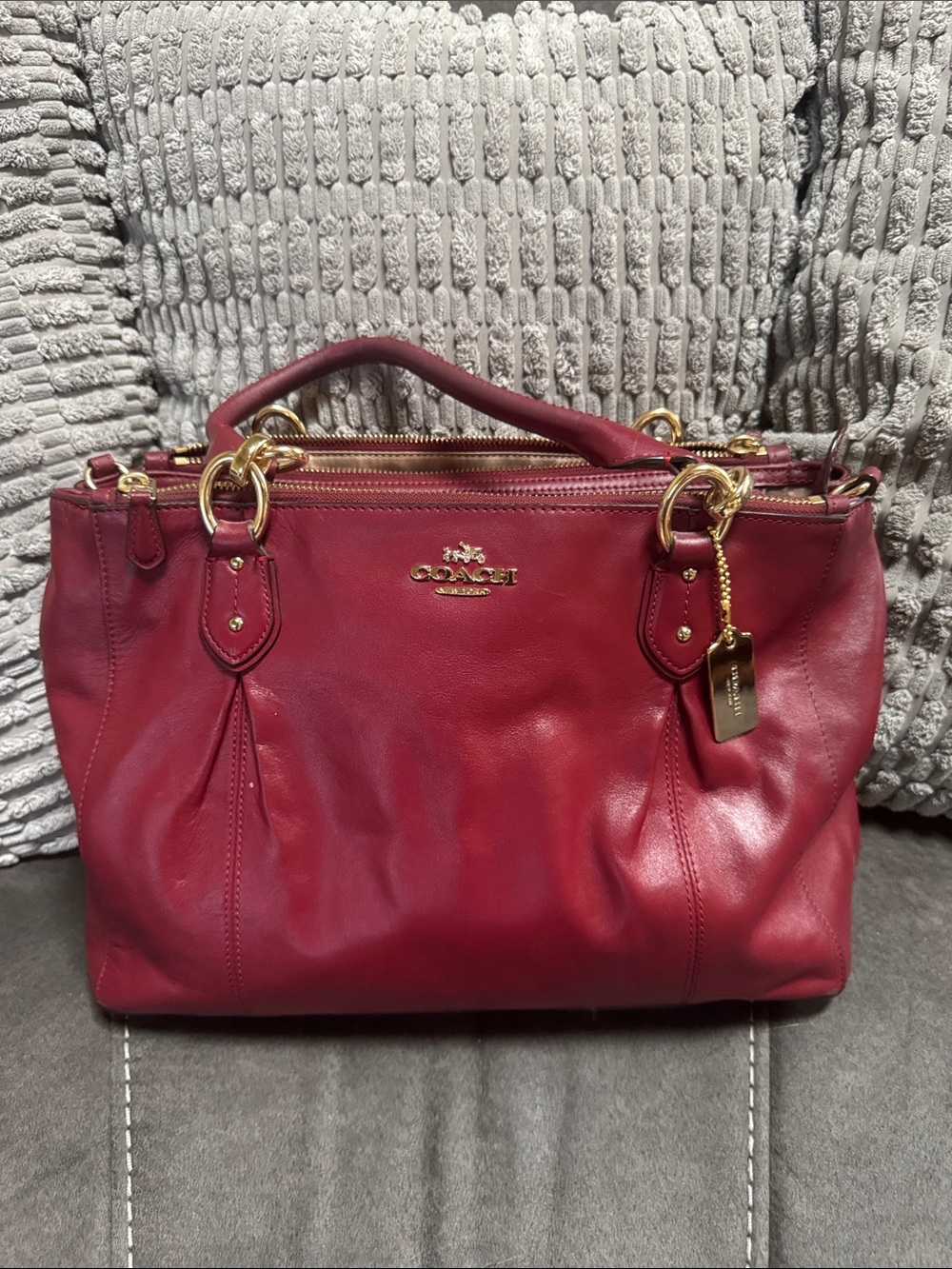 Coach Burgundy Leather Double-Zip Satchel with Gold Hardware